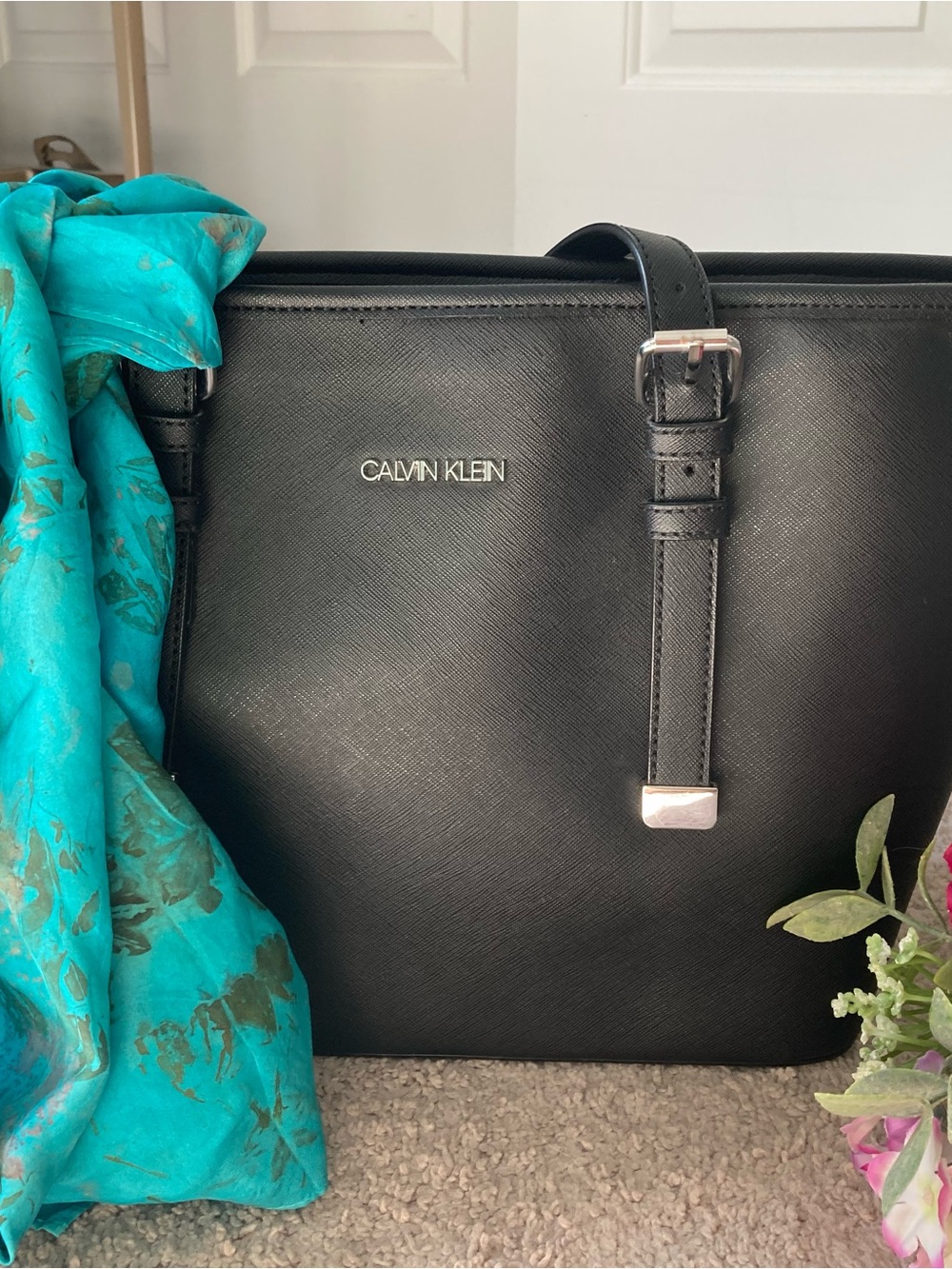 Calvin Klein Black Saffiano Leather Tote with Silver Hardware